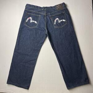 EVISU Jeans Mens 42x28 Blue Dark Wash Relaxed Straight Leg Logo Denim Pockets